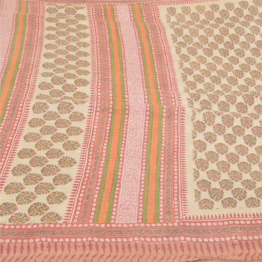 Sanskriti Vintage Indian Sari 100% Pure Woolen Ivory/Pink Fabric Printed Sarees