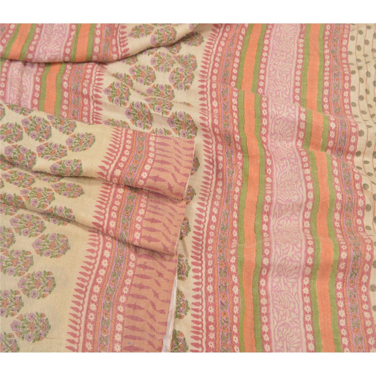Sanskriti Vintage Indian Sari 100% Pure Woolen Ivory/Pink Fabric Printed Sarees