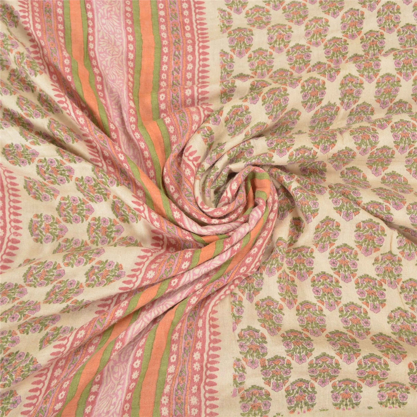 Sanskriti Vintage Indian Sari 100% Pure Woolen Ivory/Pink Fabric Printed Sarees