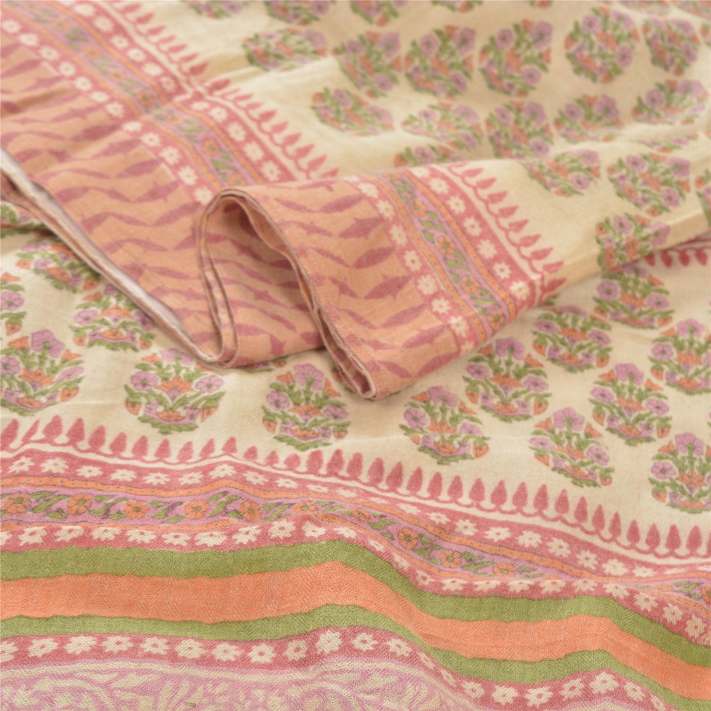 Sanskriti Vintage Indian Sari 100% Pure Woolen Ivory/Pink Fabric Printed Sarees
