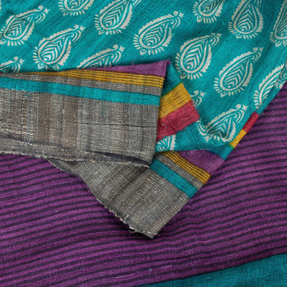 Sanskriti Vintage Blue Saree Handloom Cotton Floral Print Heritage 5+YD Sari