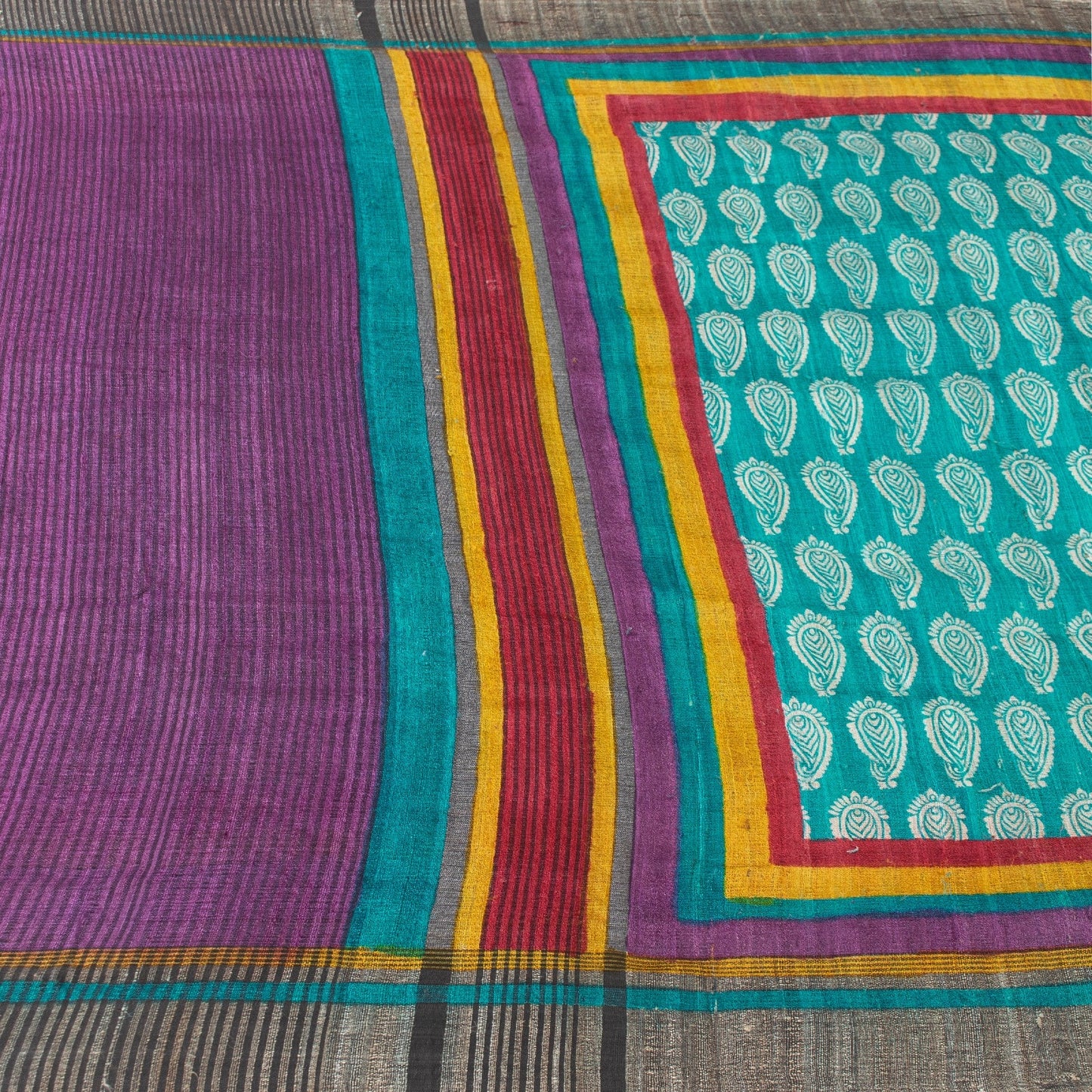 Sanskriti Vintage Blue Saree Handloom Cotton Floral Print Heritage 5+YD Sari