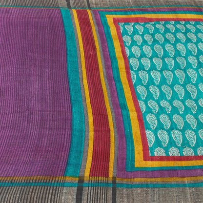 Sanskriti Vintage Blue Saree Handloom Cotton Floral Print Heritage 5+YD Sari