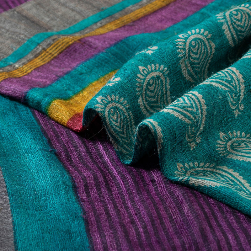 Sanskriti Vintage Blue Saree Handloom Cotton Floral Print Heritage 5+YD Sari