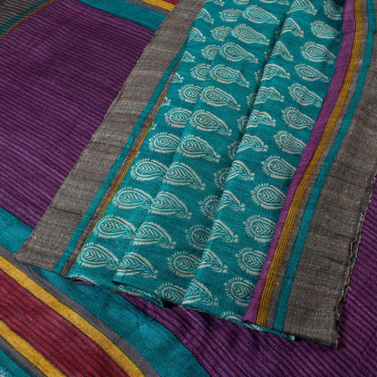 Sanskriti Vintage Blue Saree Handloom Cotton Floral Print Heritage 5+YD Sari