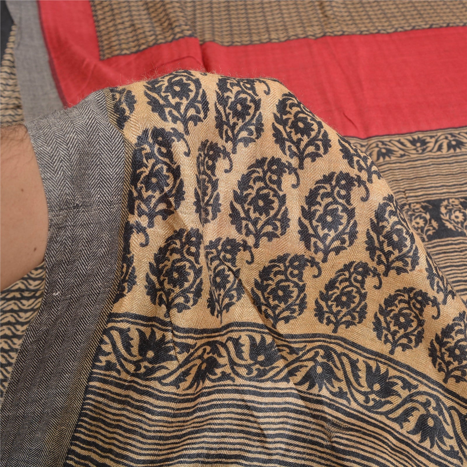 Sanskriti Vintage Sari 100% Pure Woolen Brown Saree Printed Warm 5yd Craft Fabric