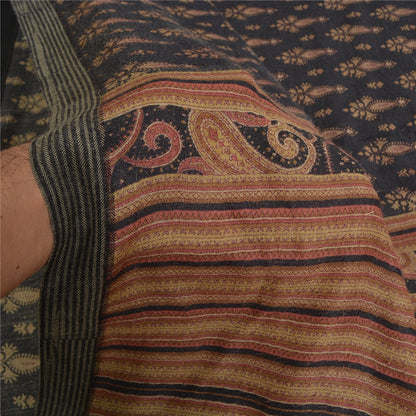 Sanskriti Vintage Black Heavy Indian Sarees 100% Pure Woolen Fabric Printed Sari