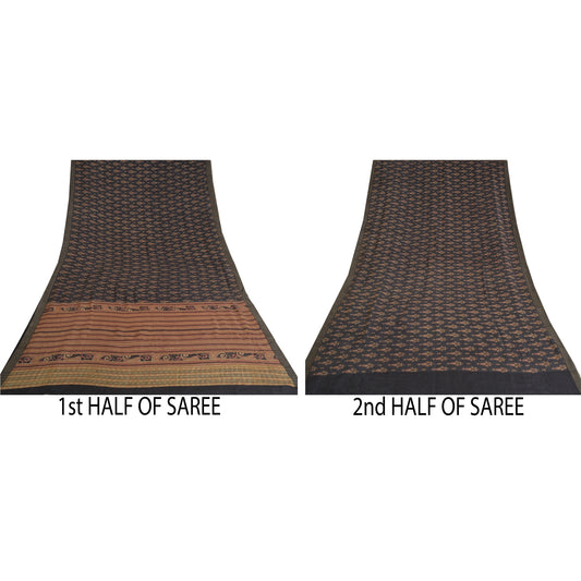 Sanskriti Vintage Black Heavy Indian Sarees 100% Pure Woolen Fabric Printed Sari