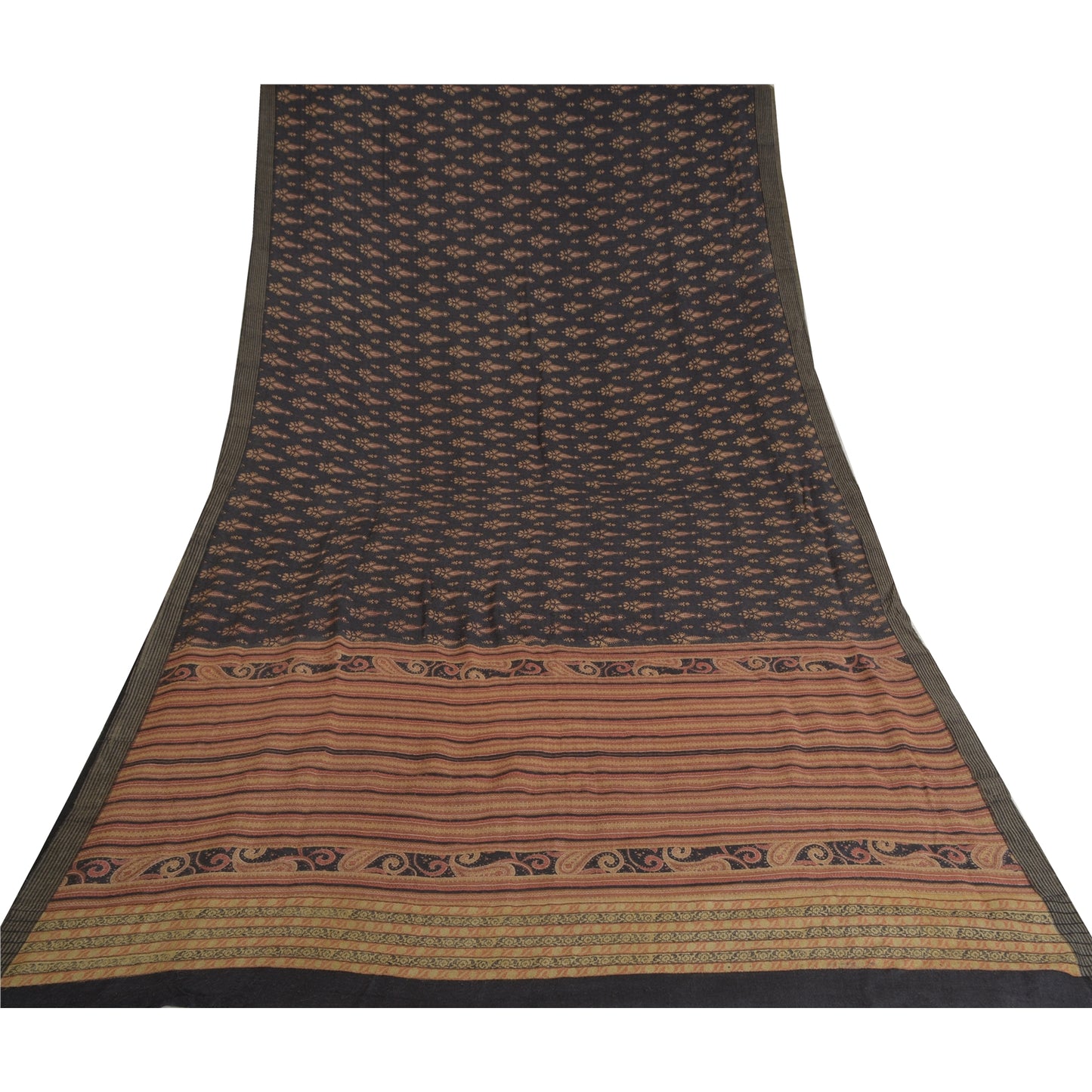 Sanskriti Vintage Black Heavy Indian Sarees 100% Pure Woolen Fabric Printed Sari
