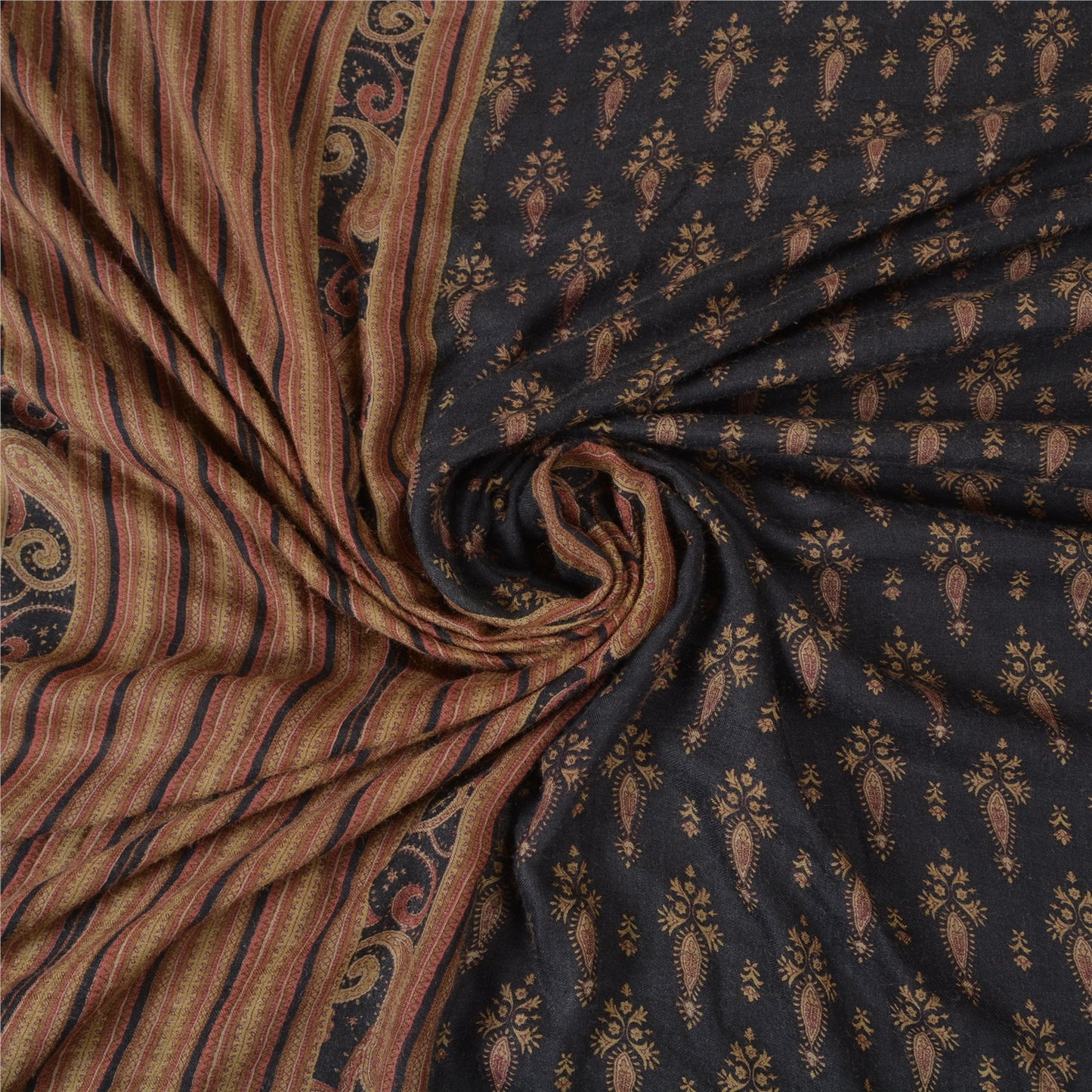 Sanskriti Vintage Black Heavy Indian Sarees 100% Pure Woolen Fabric Printed Sari