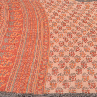 Sanskriti Vintage ferskenfarvet tung indisk sari med 100% ren uld og bæredygtigt stof. Trykt sari.