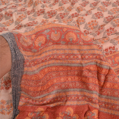 Sanskriti Vintage ferskenfarvet tung indisk sari med 100% ren uld og bæredygtigt stof. Trykt sari.