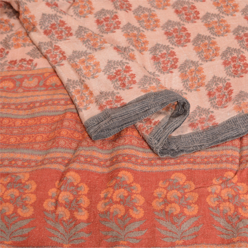 Sanskriti Vintage ferskenfarvet tung indisk sari med 100% ren uld og bæredygtigt stof. Trykt sari.
