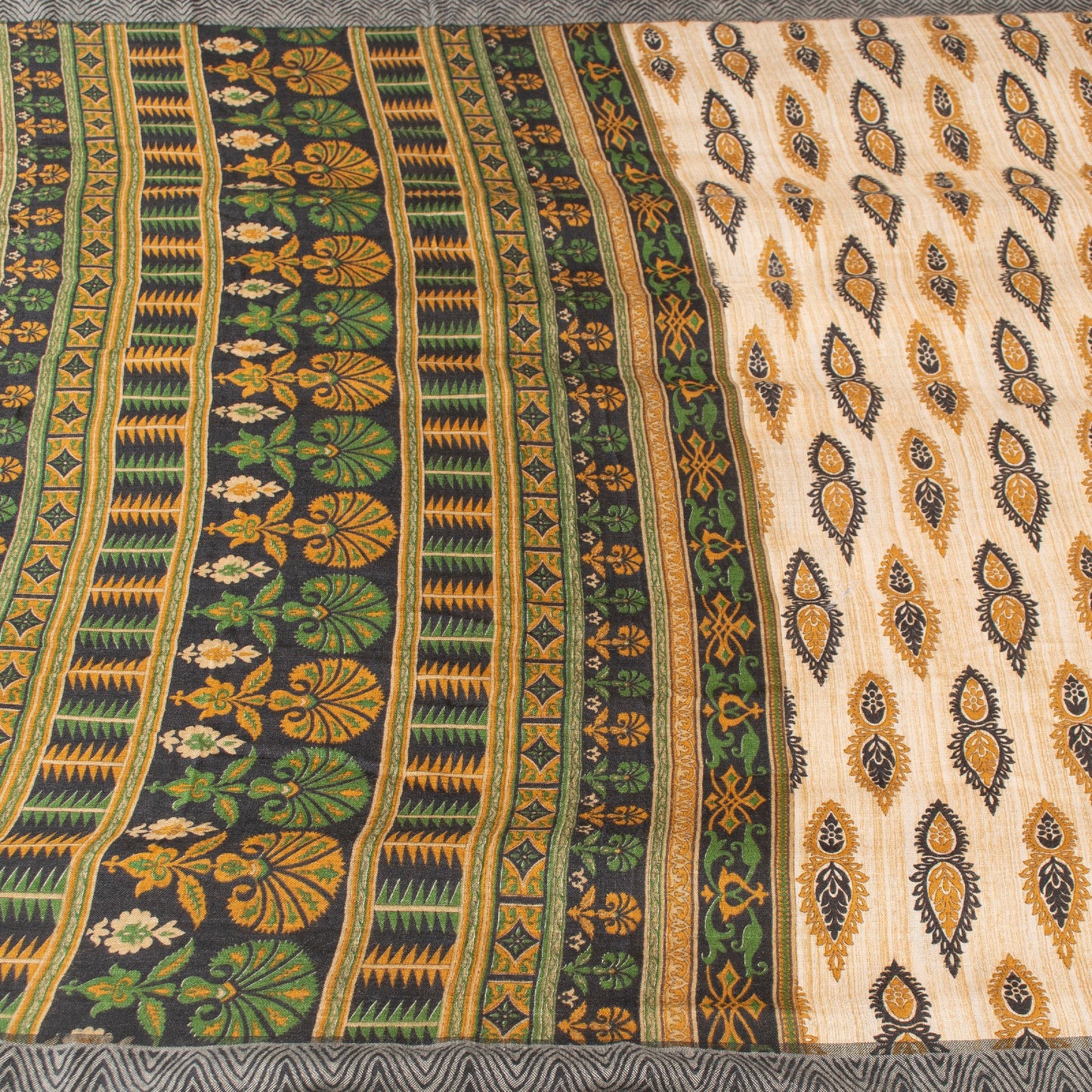 Sanskriti Vintage Ivory Heavy Indian Sarees 100% Pure Woolen Sustainable Fabric Printed Sari