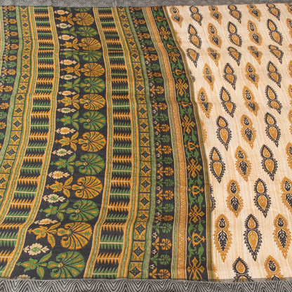 Sanskriti Vintage Ivory Heavy Indian Sarees 100% Pure Woolen Sustainable Fabric Printed Sari