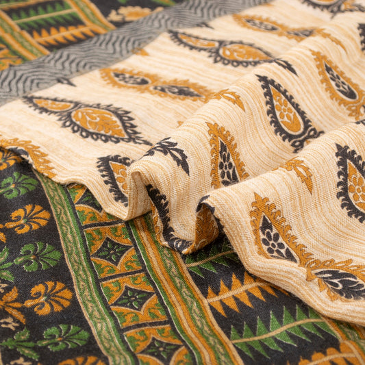 Sanskriti Vintage Ivory Heavy Indian Sarees 100% Pure Woolen Sustainable Fabric Printed Sari