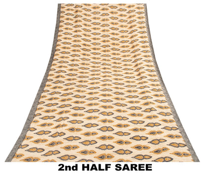 Sanskriti Vintage Ivory Heavy Indian Sarees 100% Pure Woolen Sustainable Fabric Printed Sari