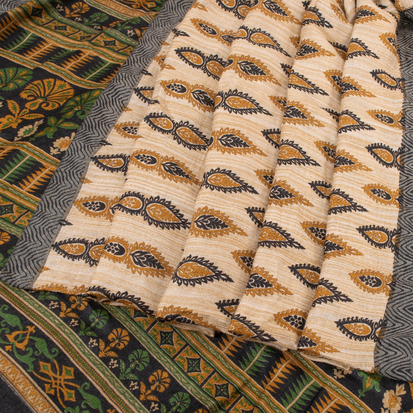 Sanskriti Vintage Ivory Heavy Indian Sarees 100% Pure Woolen Sustainable Fabric Printed Sari