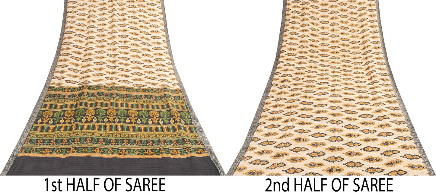 Sanskriti Vintage Ivory Heavy Indian Sarees 100% Pure Woolen Sustainable Fabric Printed Sari