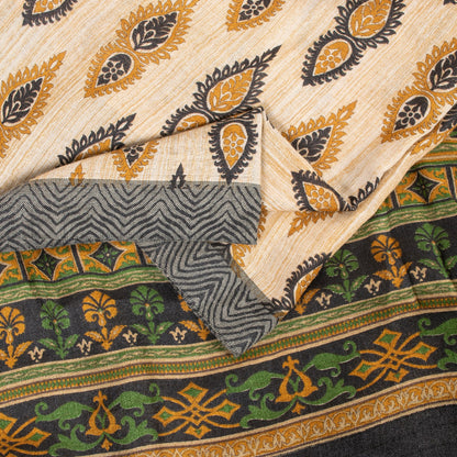 Sanskriti Vintage Ivory Heavy Indian Sarees 100% Pure Woolen Sustainable Fabric Printed Sari