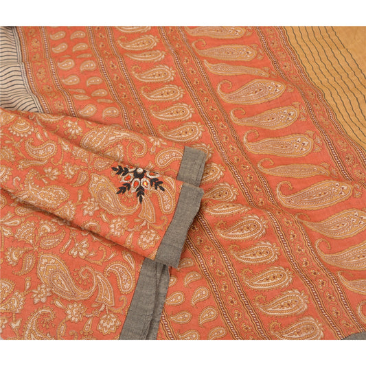 Sanskriti Vintage Sari 100% Pure Woolen Peach Sarees Printed Hand Beaded 5yd Craft Fabric