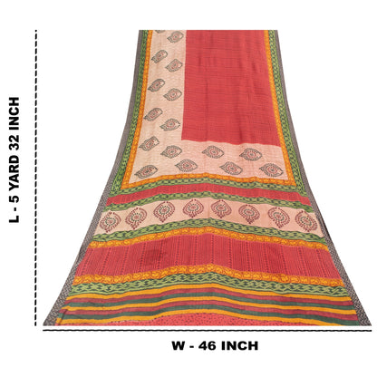 Sanskriti Vintage Red & Pink Sarees Pure Woolen Block-Printed Sari Indian Fabric