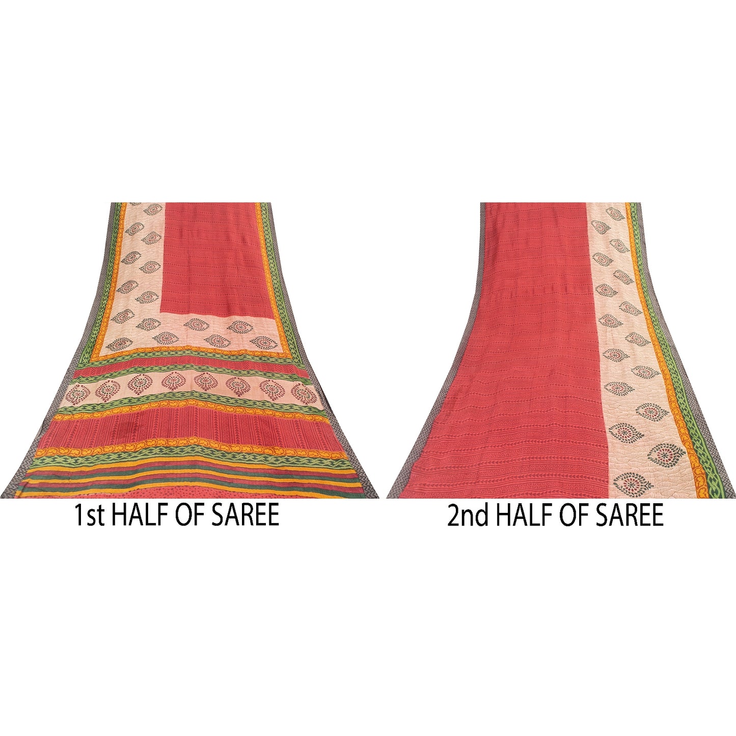 Sanskriti Vintage Red & Pink Sarees Pure Woolen Block-Printed Sari Indian Fabric