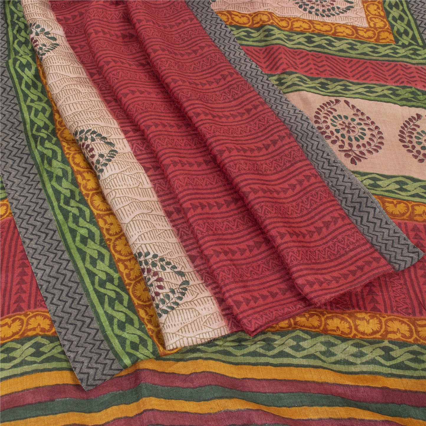 Sanskriti Vintage Red & Pink Sarees Pure Woolen Block-Printed Sari Indian Fabric