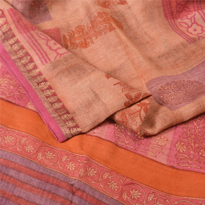 Sanskriti Vintage Pink Sarees 100% Pure Woolen Printed Zari Border Sari /Fabric