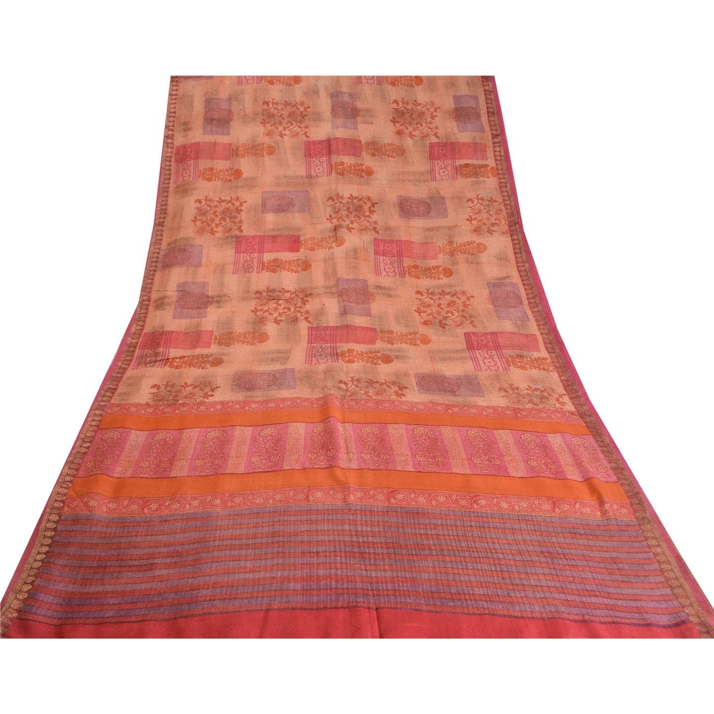 Sanskriti Vintage Pink Sarees 100% Pure Woolen Printed Zari Border Sari /Fabric