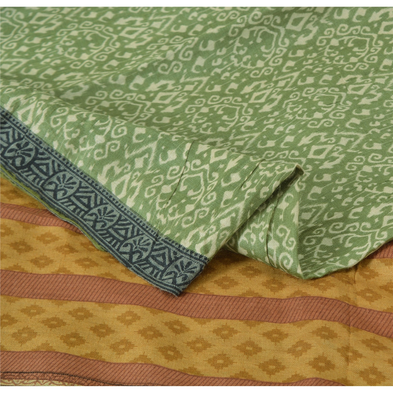 Sanskriti Vintage Sarees Indian Green Pure Woolen Printed Sari 5yd Craft Sustainable Fabric