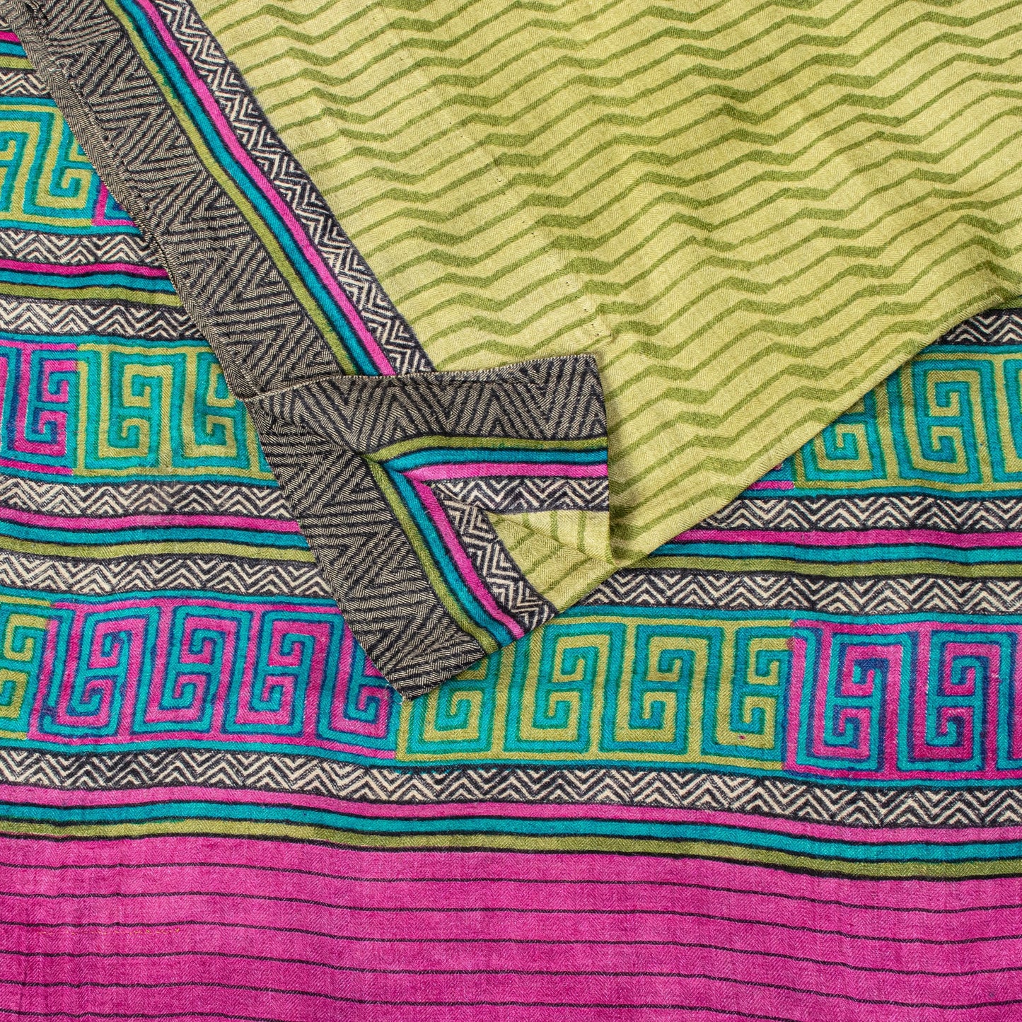 Sanskriti Vintage Soft Green Pure Woolen Saree Geometric Print Sari 5.5+YD Craft