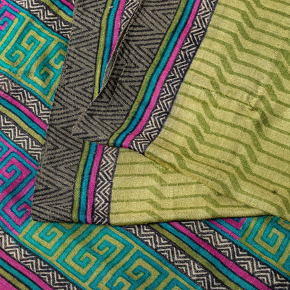Sanskriti Vintage Soft Green Pure Woolen Saree Geometric Print Sari 5.5+YD Craft