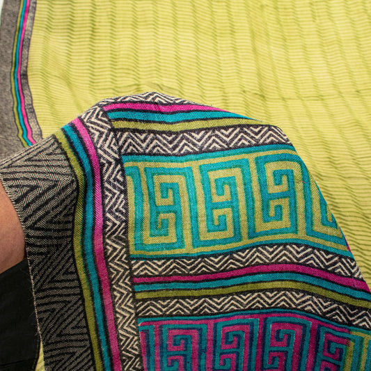 Sanskriti Vintage Soft Green Pure Woolen Saree Geometric Print Sari 5.5+YD Craft