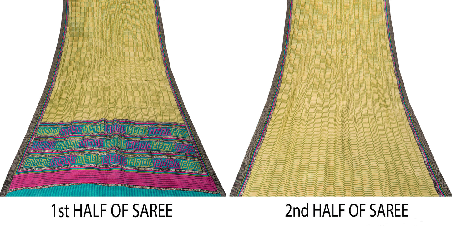Sanskriti Vintage Soft Green Pure Woolen Saree Geometric Print Sari 5.5+YD Craft