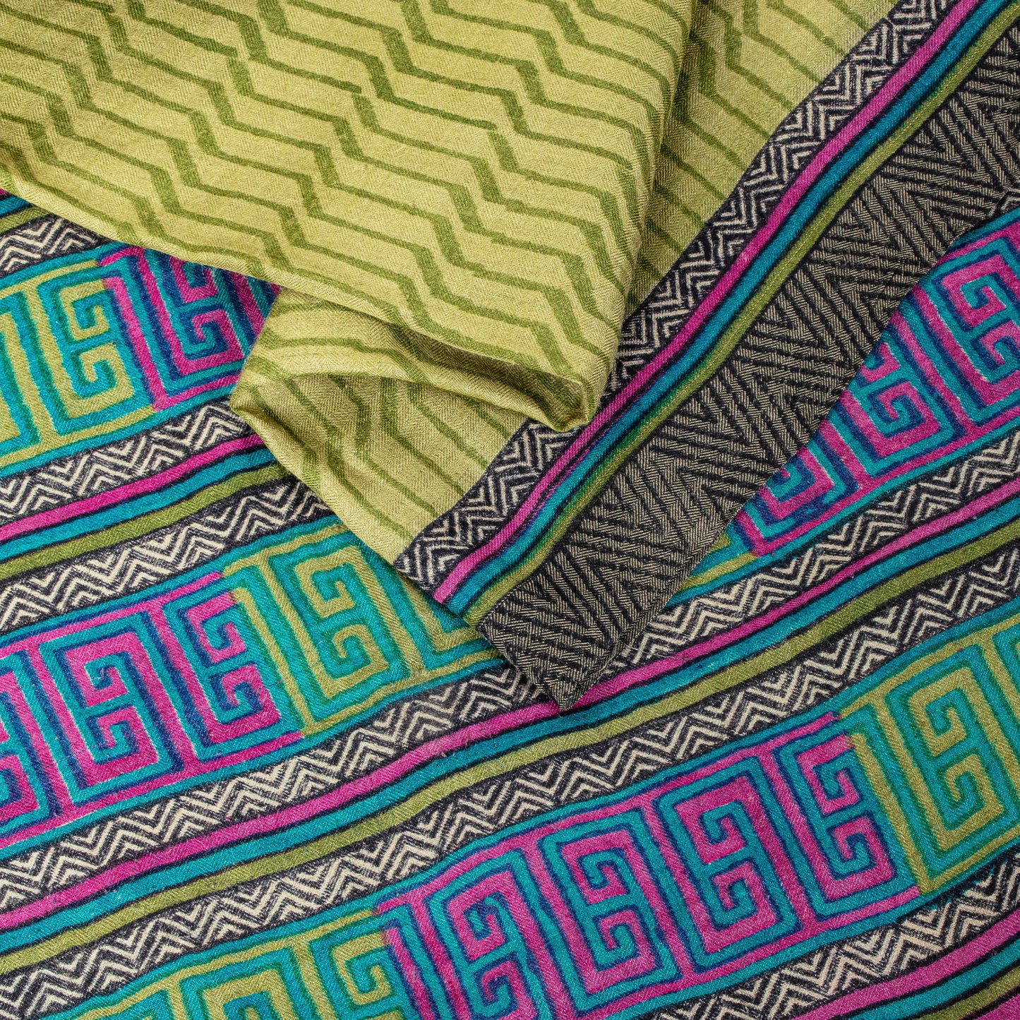 Sanskriti Vintage Soft Green Pure Woolen Saree Geometric Print Sari 5.5+YD Craft
