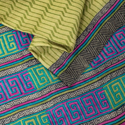 Sanskriti Vintage Soft Green Pure Woolen Saree Geometric Print Sari 5.5+YD Craft