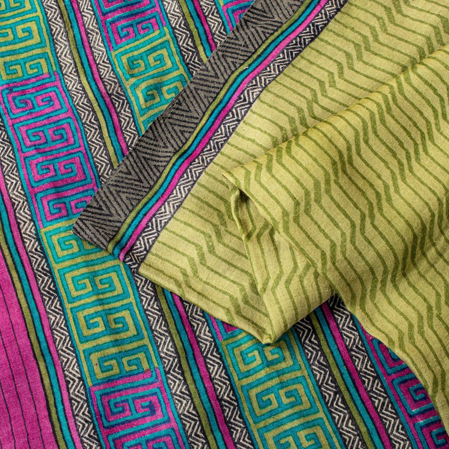 Sanskriti Vintage Soft Green Pure Woolen Saree Geometric Print Sari 5.5+YD Craft