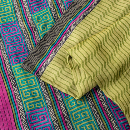 Sanskriti Vintage Soft Green Pure Woolen Saree Geometric Print Sari 5.5+YD Craft
