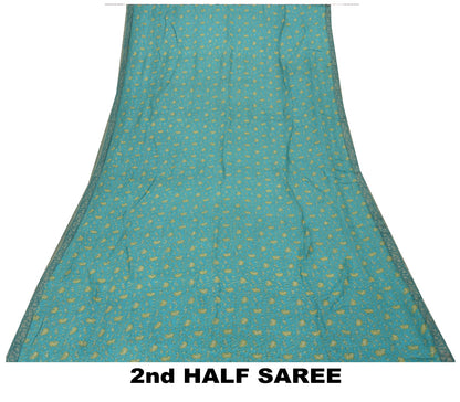 Sanskriti Vintage Soft Blue 100% Pure Woolen Saree Floral Print Sari 6+YD Fabric