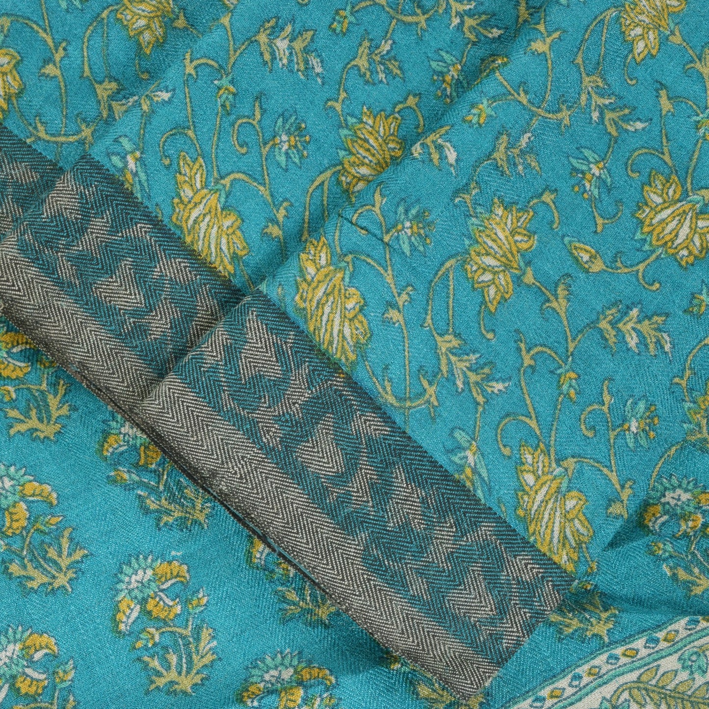 Sanskriti Vintage Soft Blue 100% Pure Woolen Saree Floral Print Sari 6+YD Fabric
