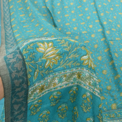 Sanskriti Vintage Soft Blue 100% Pure Woolen Saree Floral Print Sari 6+YD Fabric