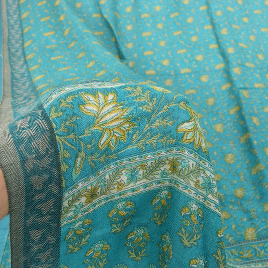 Sanskriti Vintage Soft Blue 100% Pure Woolen Saree Floral Print Sari 6+YD Fabric