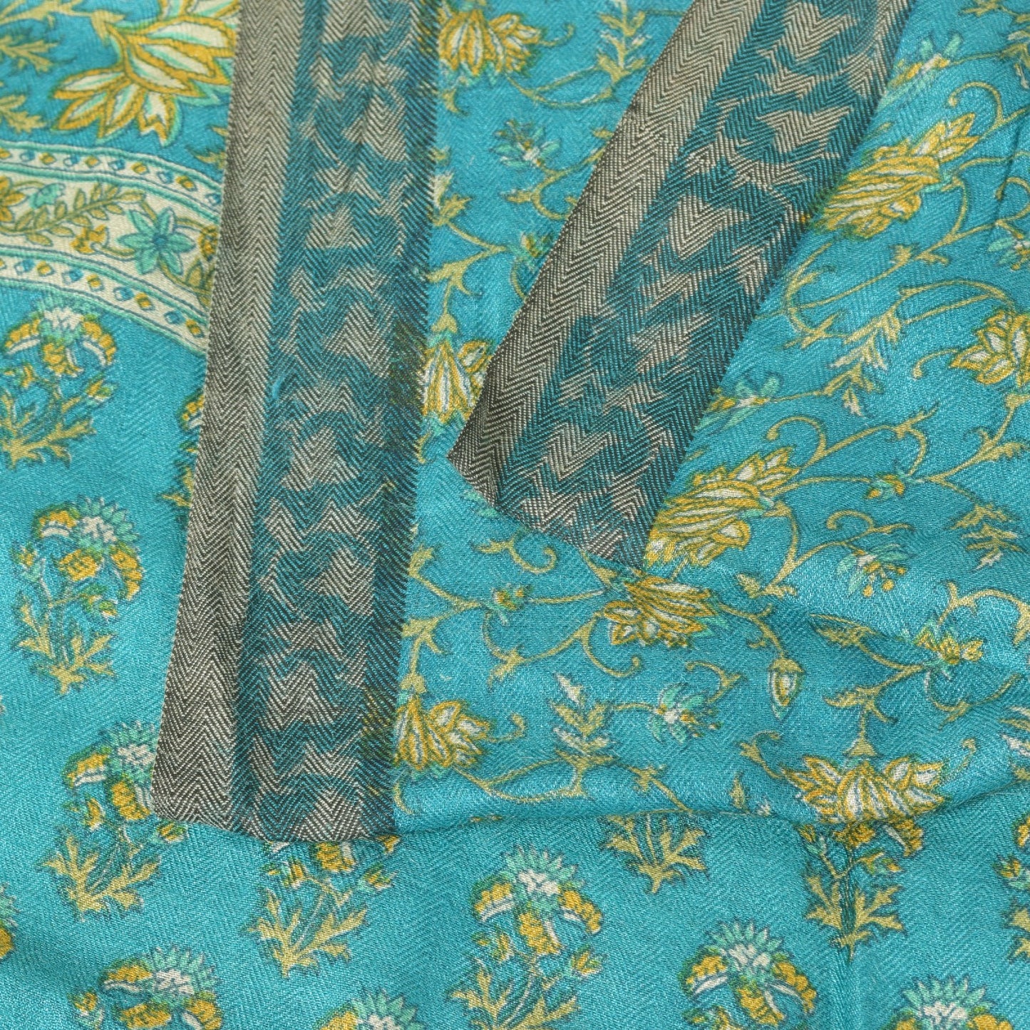 Sanskriti Vintage Soft Blue 100% Pure Woolen Saree Floral Print Sari 6+YD Fabric