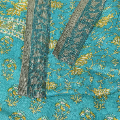 Sanskriti Vintage Soft Blue 100% Pure Woolen Saree Floral Print Sari 6+YD Fabric
