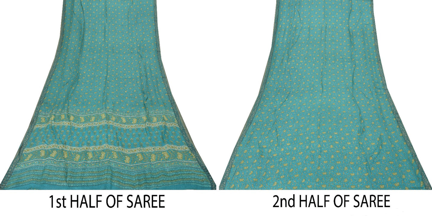 Sanskriti Vintage Soft Blue 100% Pure Woolen Saree Floral Print Sari 6+YD Fabric