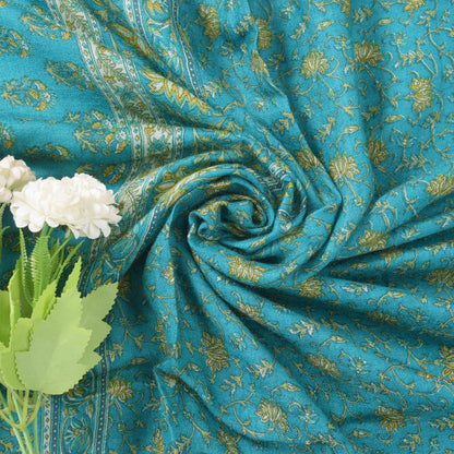 Sanskriti Vintage Soft Blue 100% Pure Woolen Saree Floral Print Sari 6+YD Fabric