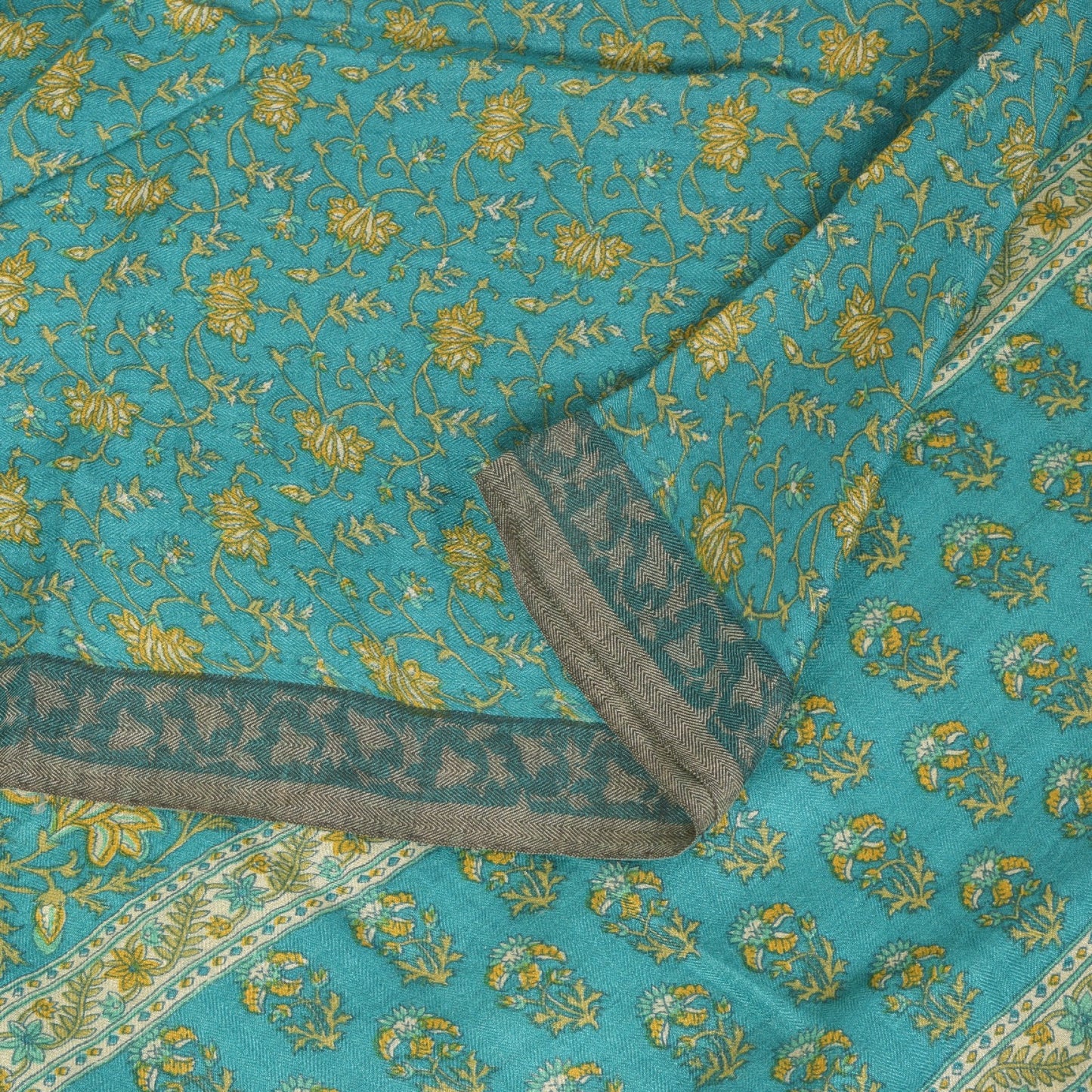 Sanskriti Vintage Soft Blue 100% Pure Woolen Saree Floral Print Sari 6+YD Fabric