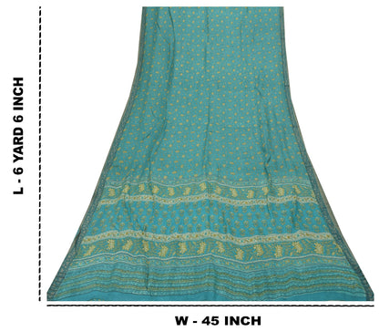 Sanskriti Vintage Soft Blue 100% Pure Woolen Saree Floral Print Sari 6+YD Fabric