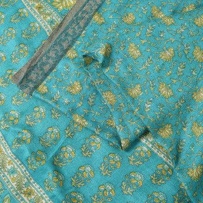 Sanskriti Vintage Soft Blue 100% Pure Woolen Saree Floral Print Sari 6+YD Fabric